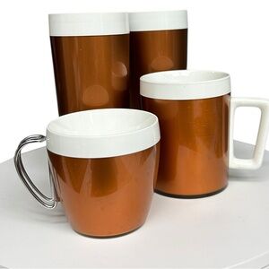 Vintage West Bend Thermo Serv Tumblers Mugs Brown White Set USA
